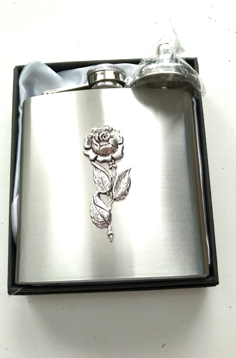 Rose Hip Flask, Antiqued Silver Rose Flask, Stainless Steel Flask, 6 oz Flask, Pocket Flask, Liquor Flask, Floral Flask, Bridesmaid Gift image 3