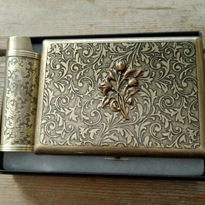 Antiqued Brass Tulip Cigarette Case, Art Nouveau Style Floral Brass Cigarette Case image 2