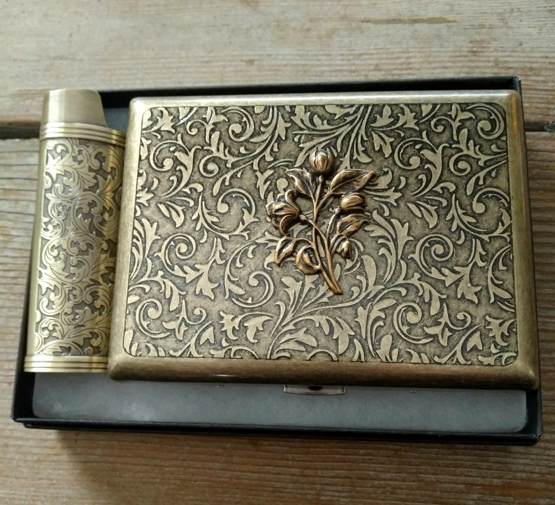 Antiqued Brass Tulip Cigarette Case, Art Nouveau Style Floral Brass Cigarette Case image 2