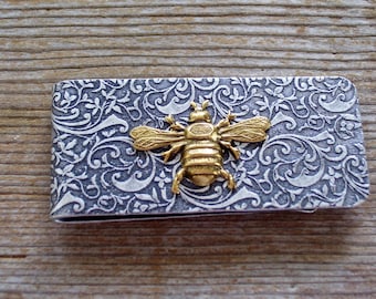 Antiqued Silver Bee Money Clip, Silver Gold Flying Bee Money Clip, Father's Day Gift, Art Nouveau Money Clip, Silver Bee Clip