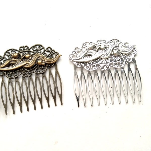 Large Lily of the Valley Comb, Silver Floral Comb, Antiqued Brass Floral Comb, Lily Comb, Brass Hair Comb, Flower Comb, Silver Lily Comb