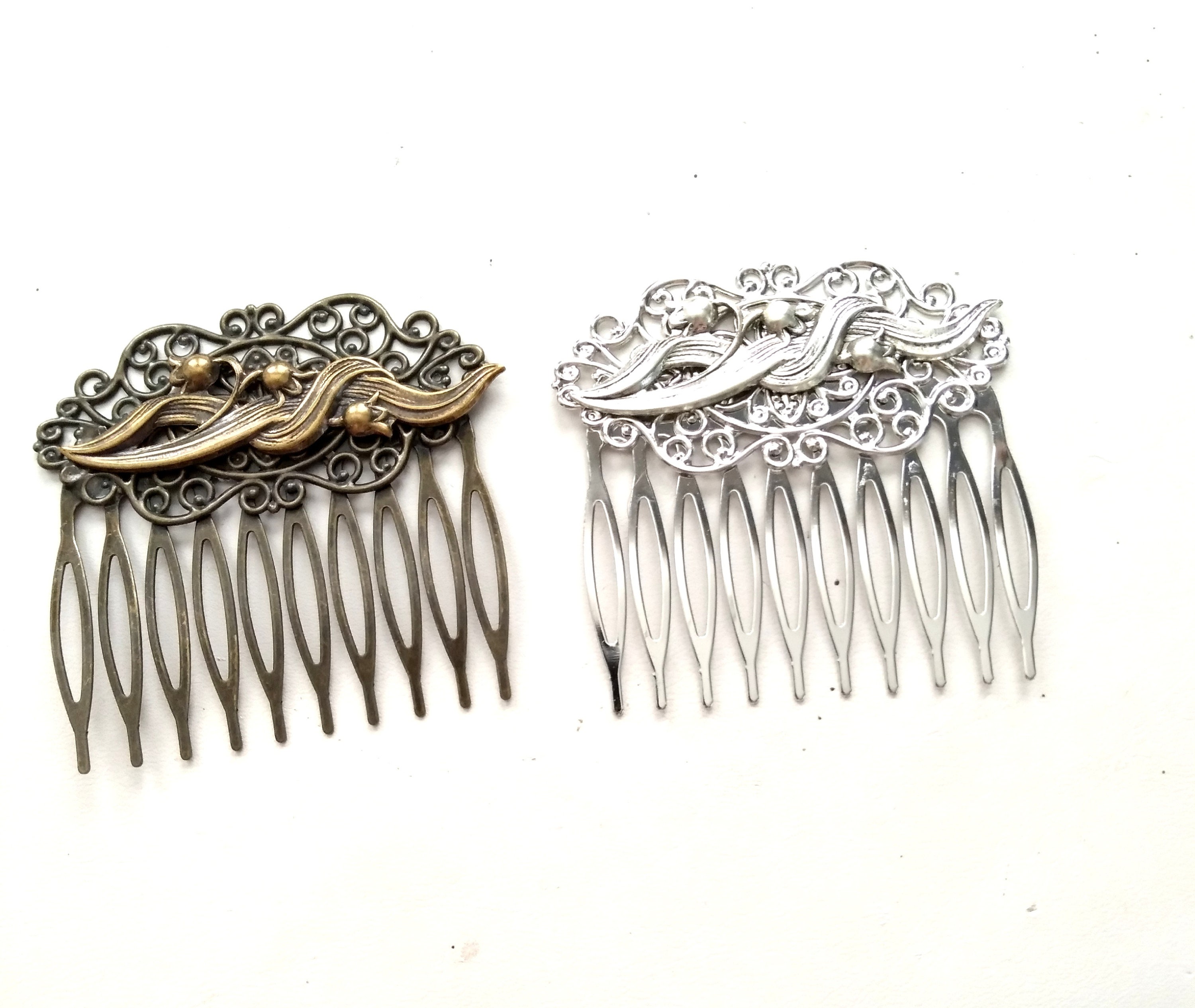 Large Lily of the Valley Comb, Silver Floral Comb, Antiqued Brass Floral Comb, Lily Comb, Brass Hair Comb, Flower Comb, Silver Lily Comb