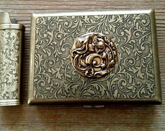 Ornate Antiqued Brass Floral Goddess Cigarette or Card Case, Bronze Goddess Case
