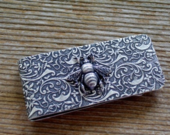 Unisex Antiqued Silver Bee Money Clip, Father's Day Gift, Floral Honeybee Money Clip, Art Nouveau Money Clip, Silver Bee Clip