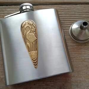 Art Deco Crane Hip Flask: Goldplated Stainless Steel 6oz Pocket Flask