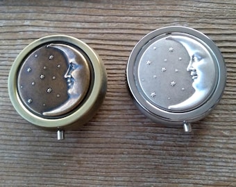 Silver or Bronze Celestial Pill Box - Moon and Stars Pill Case - Single Compartment Compact - Pill Carrier - Moon Purse Accessory