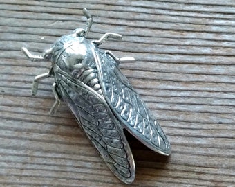 LAST ONE Huge Silver Cicada Pin, Antiqued Silver Cicada Pin Brooch, Cicada Tie Tack, Cicada Tie Pin, Cicada Lapel Pin, Cicada Accessory