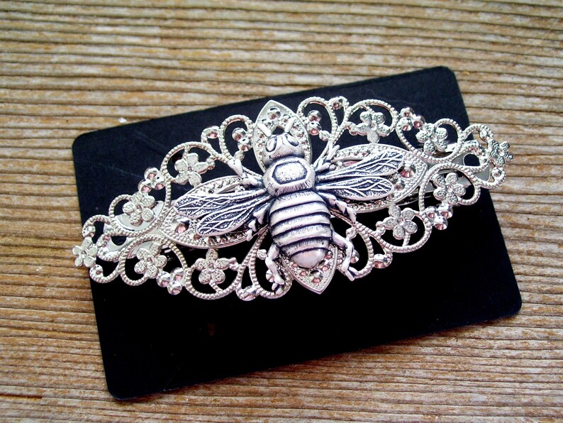 Large Silver Bee Barrette Antiqued Silver Bee Silver Flying Bee Barrette Filigree Barrette Embeelish Silver Bee Accessory