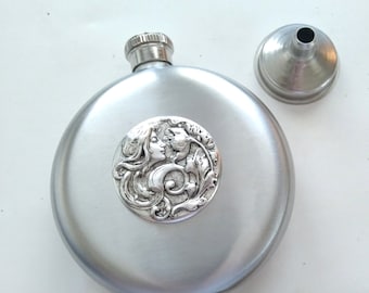 Floral Goddess Flask, Antiqued Silver Goddess Flask, Art Nouveau Flask, Stainless Steel Flask, 5 oz Flask, Round Flask, Liquor Flask