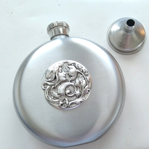 Floral Goddess Flask, Antiqued Silver Goddess Flask, Art Nouveau Flask, Stainless Steel Flask, 5 oz Flask, Round Flask, Liquor Flask