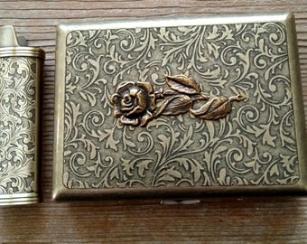 Ornate Antiqued Brass Victorian Floral Rose Cigarette or Card Case, Bronze Metal Rose Case