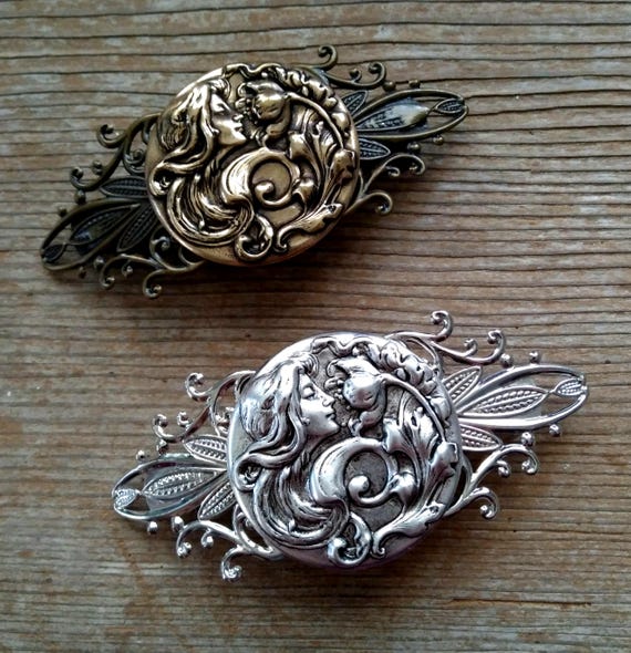 Antiqued Silver Floral Goddess Barrette, Antiqued Brass 