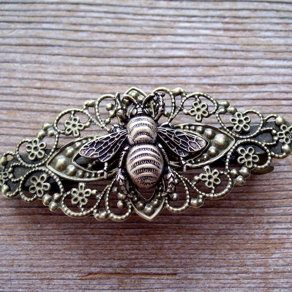 Large Brass Honeybee Barrette, Antiqued Brass Honeybee Barrette, Filigree Bee Barrette, Bee Accessory, Bee Lover Gift, Embeelish