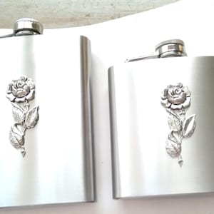 Antiqued Silver Rose Floral Stainless Steel Hip Drinking Flask - 6 oz or 8 oz