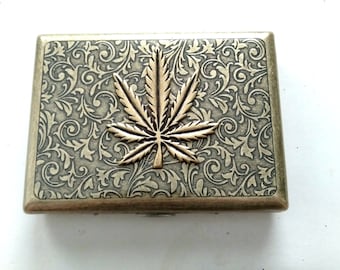 Vintage Style Cigarette Case, Brass Marijuana Leaf Case, Brass Cigarette Case, Large Brass Joint Case, Antiqued Brass Case