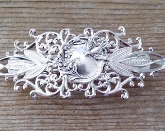 Antiqued Silver Floral Bird Barrette, Swallow Flowers Hair Accessory