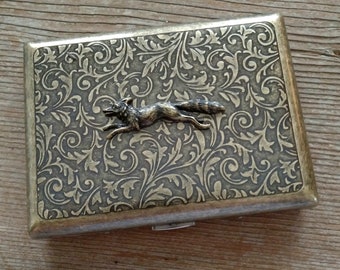 Running Fox Cigarette Case, Ornate Brass Cigarette Case, Brass Cigarette Case, Fox Cigarette Case, Fox Card Case, Antiqued Brass Card Case