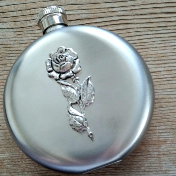 Rose Flask, Antiqued Silver Rose Flask, Stainless Steel Flask, 5 oz Flask, Round Flask, Liquor Flask, Floral Flask, Bridesmaid Gift