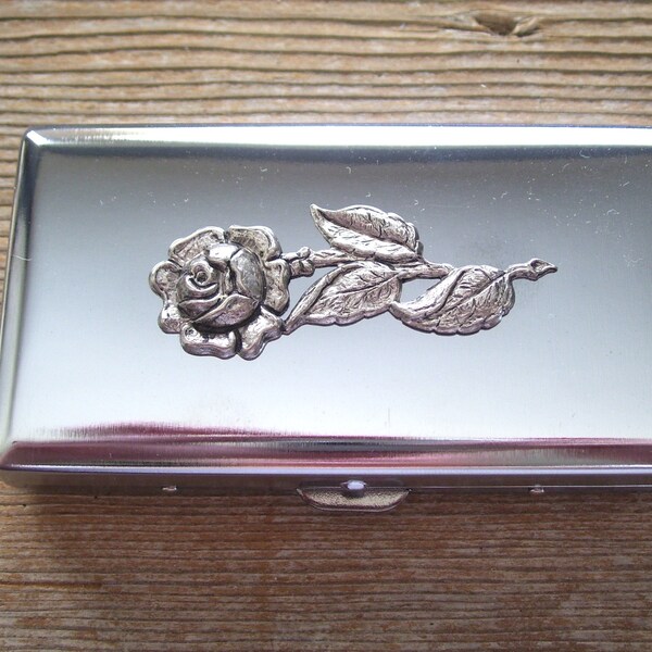 Caja de cigarrillos rosa plateada, caja de rosas de tallo largo, billetera de metal rosa, caja de 12 cigarrillos, caja de tarjetas de visita, caja de tarjetas plateadas