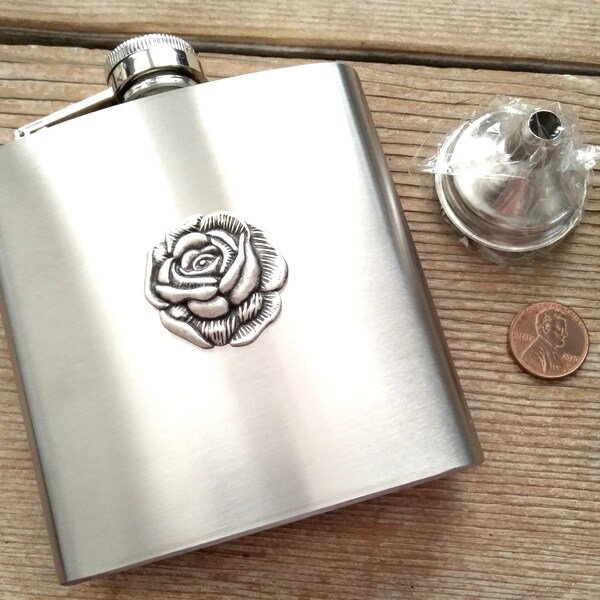 Silver Rose Hip Flask, Antiqued Silver Flask, Stainless Steel Flask, 6 oz Flask, Pocket Flask, Liquor Flask, Floral Flask, Bridesmaid Gift