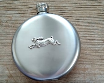 Running Rabbit Flask, Antiqued Silver Rabbit Flask, Stainless Steel Flask, 5 oz Flask, Silver Bunny Flask, Round Flask, Liquor Flask