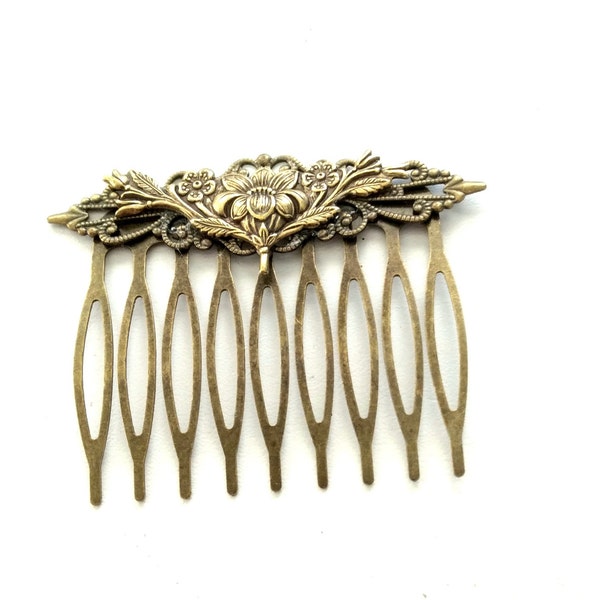 Floral Bouquet Comb, Antiqued Brass Comb, Brass Hair Comb, Art Nouveau Floral Hair Comb, Flower Hair Comb, Bronze Flower Comb