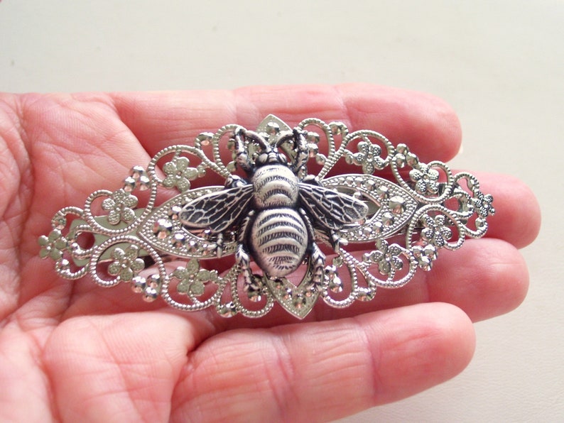 Large Silver Bee Barrette Antiqued Silver Bee Silver Flying Bee Barrette Filigree Barrette Embeelish Silver Bee Accessory