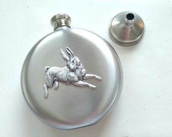 Rabbit Flask, Silver Rabbit Flask, Stainless Steel Flask, 5 oz Flask, Silver Bunny Flask, Round Flask, Liquor Flask