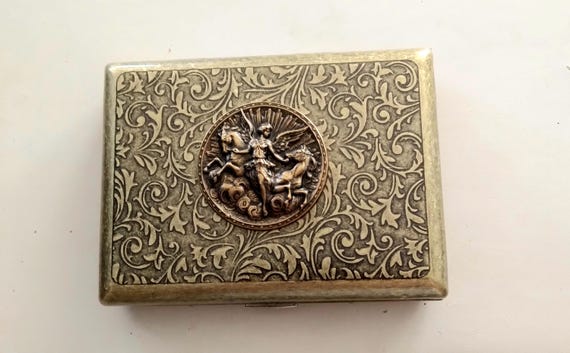 Ornate Antiqued Brass Cigarette Case, Winged Angel or Warrior Goddess and Horses Card  Case, Bronze Horse Case