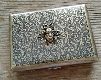 Ornate Brass Bee Cigarette Case, Brass Honeybee Case, Father&#39;s Day Gift, Honeybee Card Case, Antiqued Brass Card Case, Brass Bee Accessory