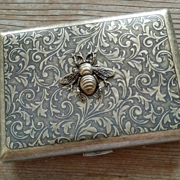Ornate Brass Bee Cigarette Case, Brass Honeybee Case, Father's Day Gift, Honeybee Card Case, Antiqued Brass Card Case, Brass Bee Accessory