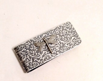 Antiqued Silver Dragonfly Money Clip, Embossed Money Clip Art Nouveau Money Clip, Silver Dragonfly Clip
