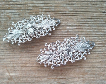 Large Bee Barrette, Silver Honeybee Barrette, Floral Bee Barrette, Antiqued Silver Bee, Filigree Barrette, Silver Bee Accessory, Embeelish