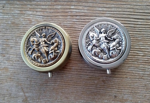 Winged Goddess with Horses Pill Box - Bronze or Silver Pill Case - Pill Carrier Purse Accessory
