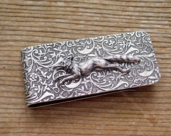 Fox Money Clip, Antiqued Silver Fox Money Clip, Father's Day Gift, Silver Running Fox Money Clip, Art Nouveau Money Clip, Silver Fox Clip