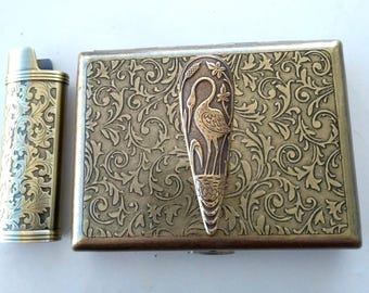 Marsh Crane Cigarette Case, Ornate Antiqued Brass Cigarette or Card Case, Brass Bird Case
