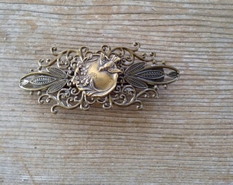 Antiqued Brass Floral Bird Barrette, Large Filigree Hair Accessory