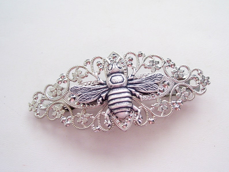 Large Silver Bee Barrette Antiqued Silver Bee Silver Flying Bee Barrette Filigree Barrette Embeelish Silver Bee Accessory