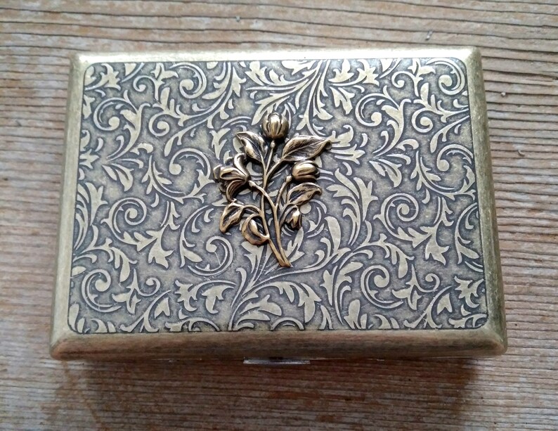 Antiqued Brass Tulip Cigarette Case, Art Nouveau Style Floral Brass Cigarette Case image 4