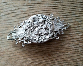 LAST ONE Antiqued Silver Floral Goddess Barrette, Filigree Floral Hair Accessory