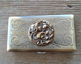 Antiqued Brass Art Nouveau Floral Goddess Cigarette or Card Case, Slim Metal Case