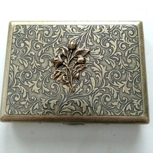 Antiqued Brass Tulip Cigarette Case, Art Nouveau Style Floral Brass Cigarette Case image 1