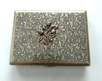 Antiqued Brass Tulip Cigarette Case, Art Nouveau Style Floral Brass Cigarette Case