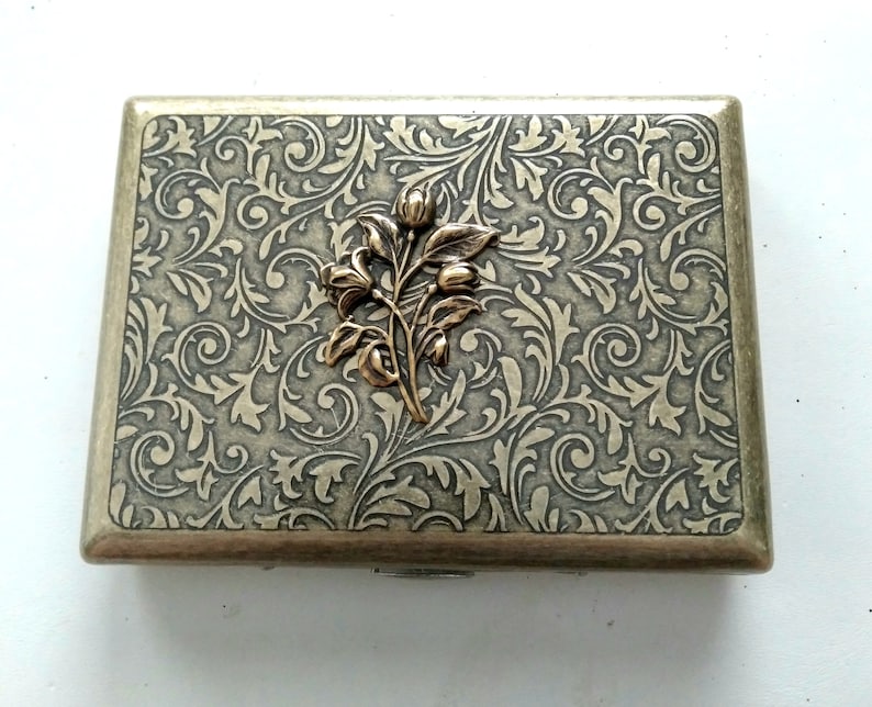 Antiqued Brass Tulip Cigarette Case, Art Nouveau Style Floral Brass Cigarette Case image 1