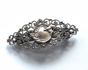 Floral Bird Barrette, Brass Bird Barrette, Antiqued Brass Floral Barrette, Filigree Barrette, Bird Accessory, Swallow Barrette