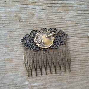 Brass Bird Comb, Brass Floral Comb, Large Bird Comb, Antiqued Brass Comb, Swallow Hair Comb, Filigree Comb