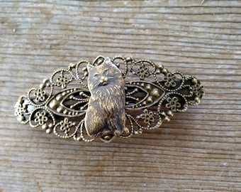 Brass Cat Barrette, Antiqued Brass Barrette, Victorian Cat Barrette, Filigree Barrette, Bronze Cat Hair Clip, Brass Cat Clip