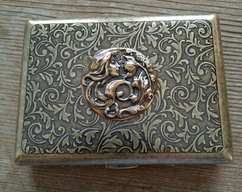 Goddess Cigarette Case, Ornate Brass Floral Cigarette Case, Brass Cigarette Case, Victorian Floral Card Case, Antiqued Brass Card Case