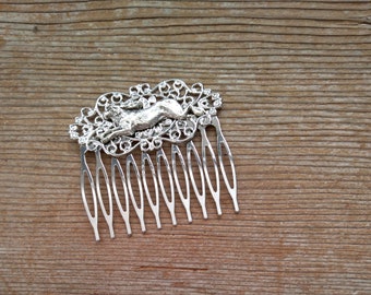 Running Rabbit Comb, Large Silver Rabbit Comb, Antiqued Silver Bunny Hair Comb, Silver Filigree Comb, Bunny Hair Jewelry, Bunny Accessory