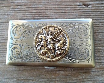 Antiqued Brass Angel Goddess Horses Cigarette or Card Case, Slim Metal Case, Art Nouveau Style Cigarette Case
